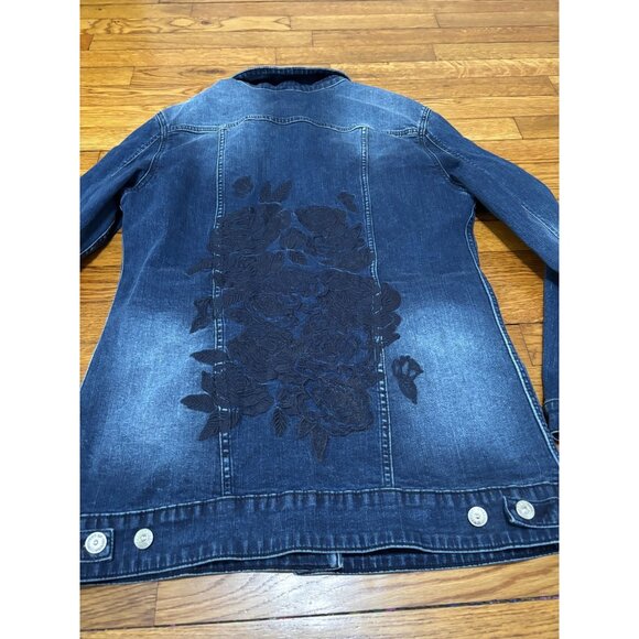 LuLaRoe Womens Denim Jean Jacket Size Large Blue Dark Stretch Floral Embroidered - Picture 7 of 7